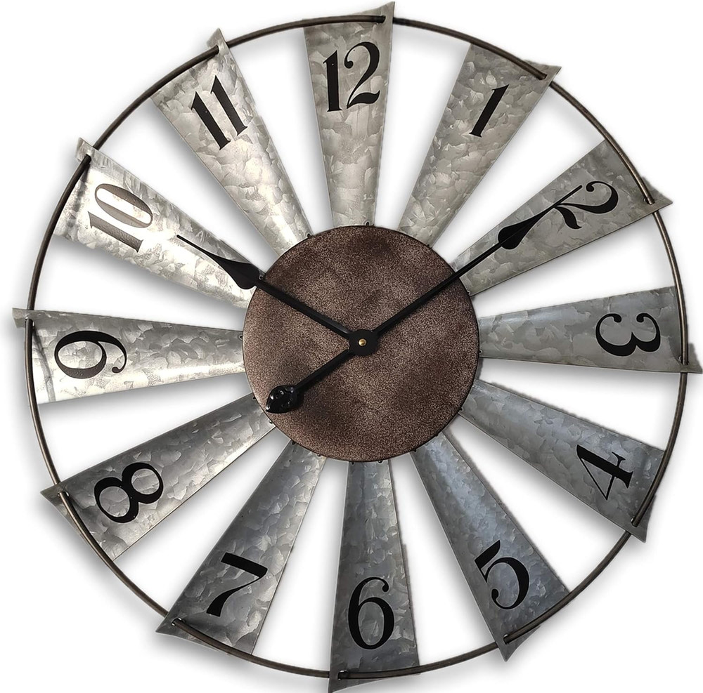 24Inch Windmill Distressed Metal Wall Clocks Rustic Large Decorative Clock Overs