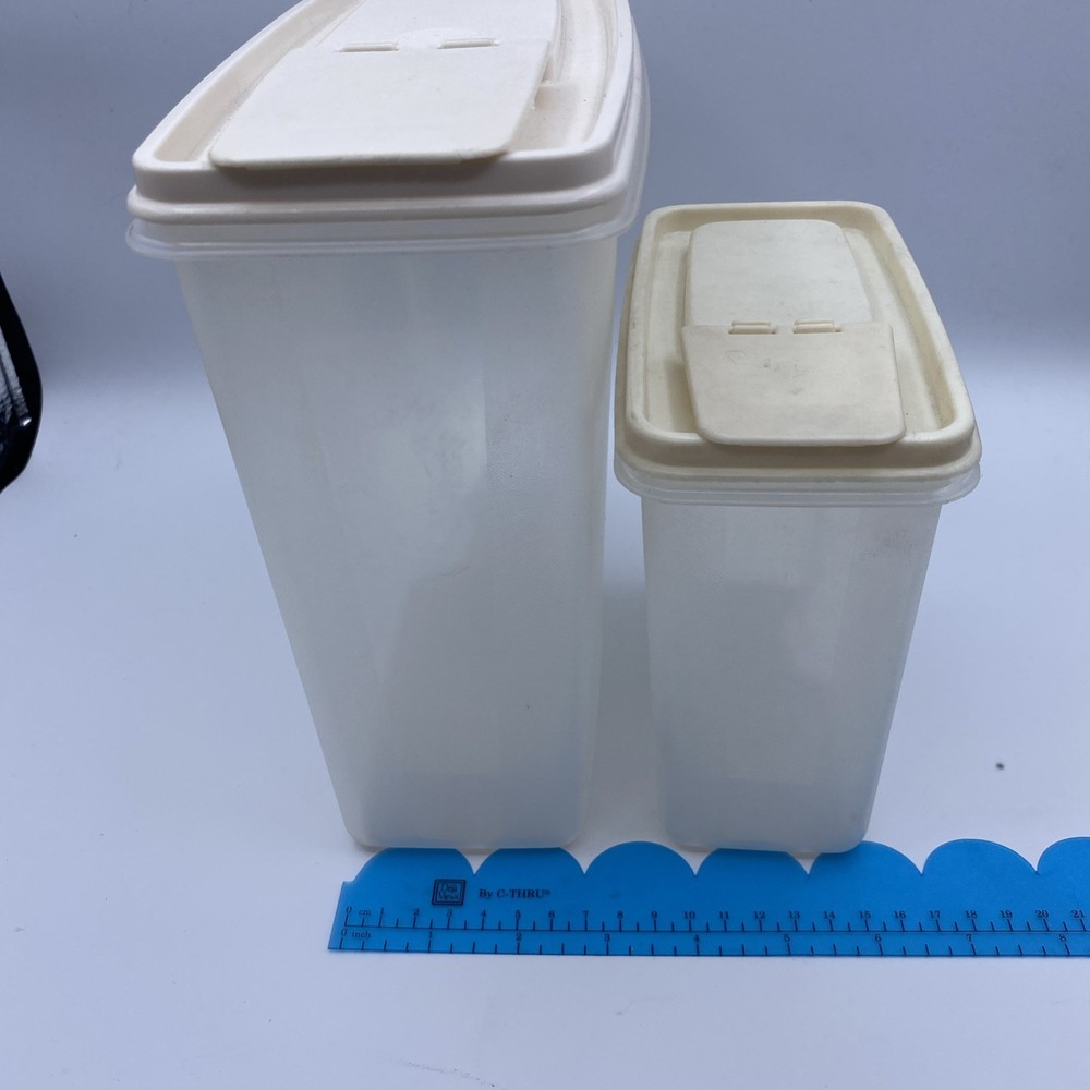 2 Tupperware Clear Storage Cereal Beige Pour Spout Medium Large With Lids #3 #4