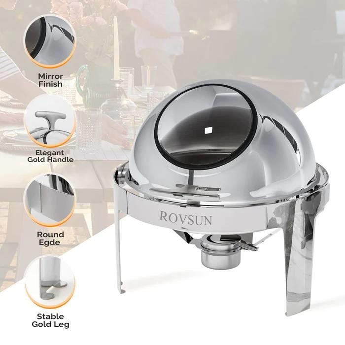 6Qt Round Roll Top Chafing Dish Buffet Set with Convenient Handle Visible Window