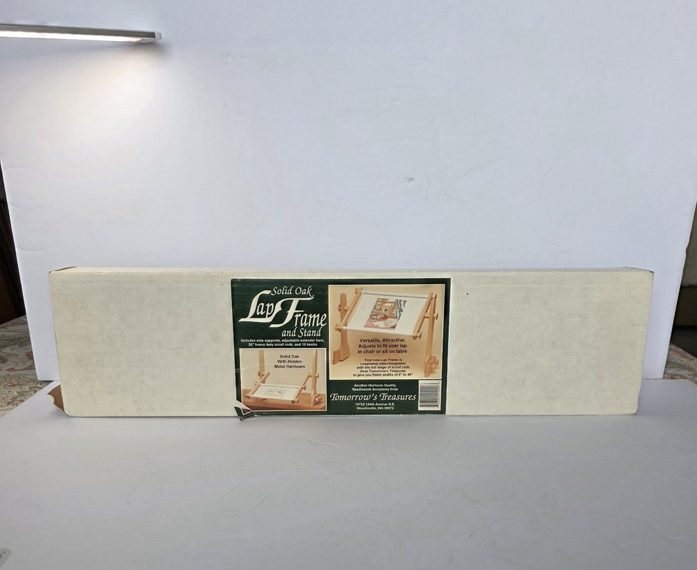 Needlework Craft Oak Lap Frame Stand Scroll Rods Extend NOS Tomorrow's Treasures