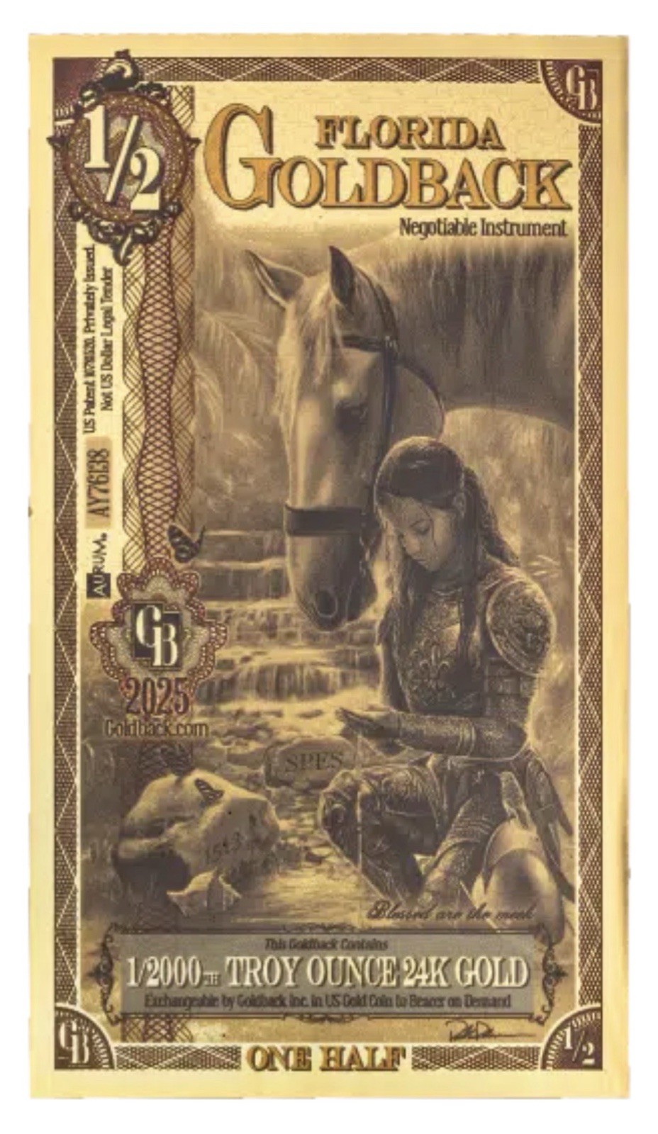 1/2 Florida GOLDBACK AURUM 24KT GOLD NOTE 1/2000TH OZ .999 FINE BU