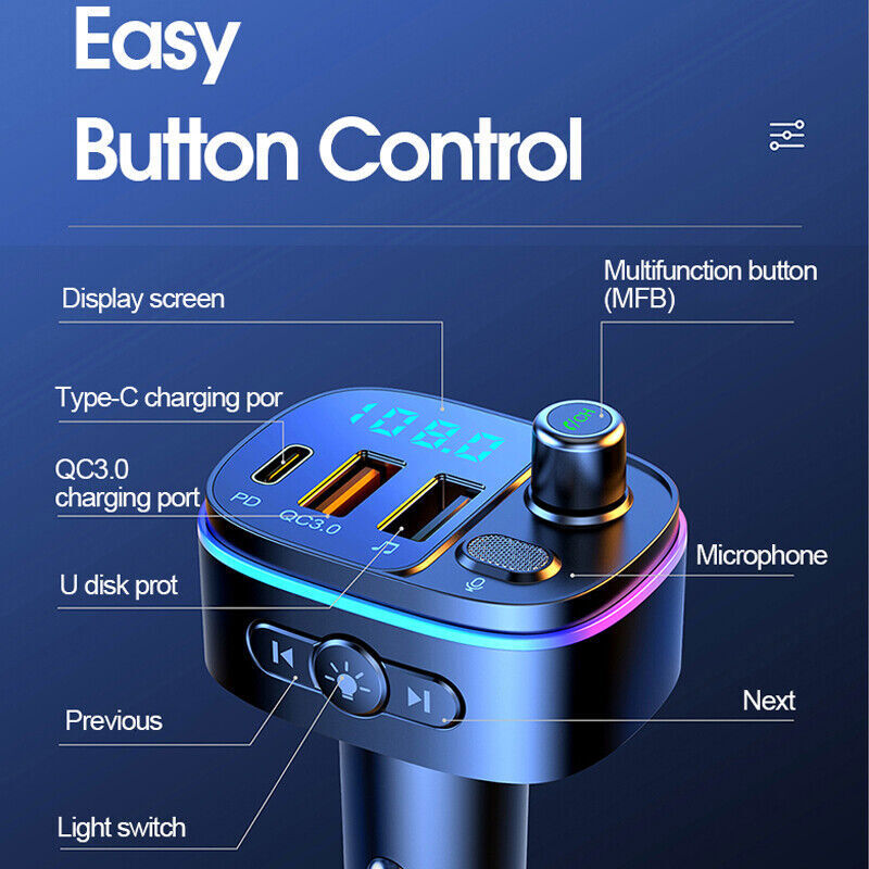 Bluetooth 5.0 Car Wireless FM Transmitter Adapter 2USB PD Charger AUX Hands-Free