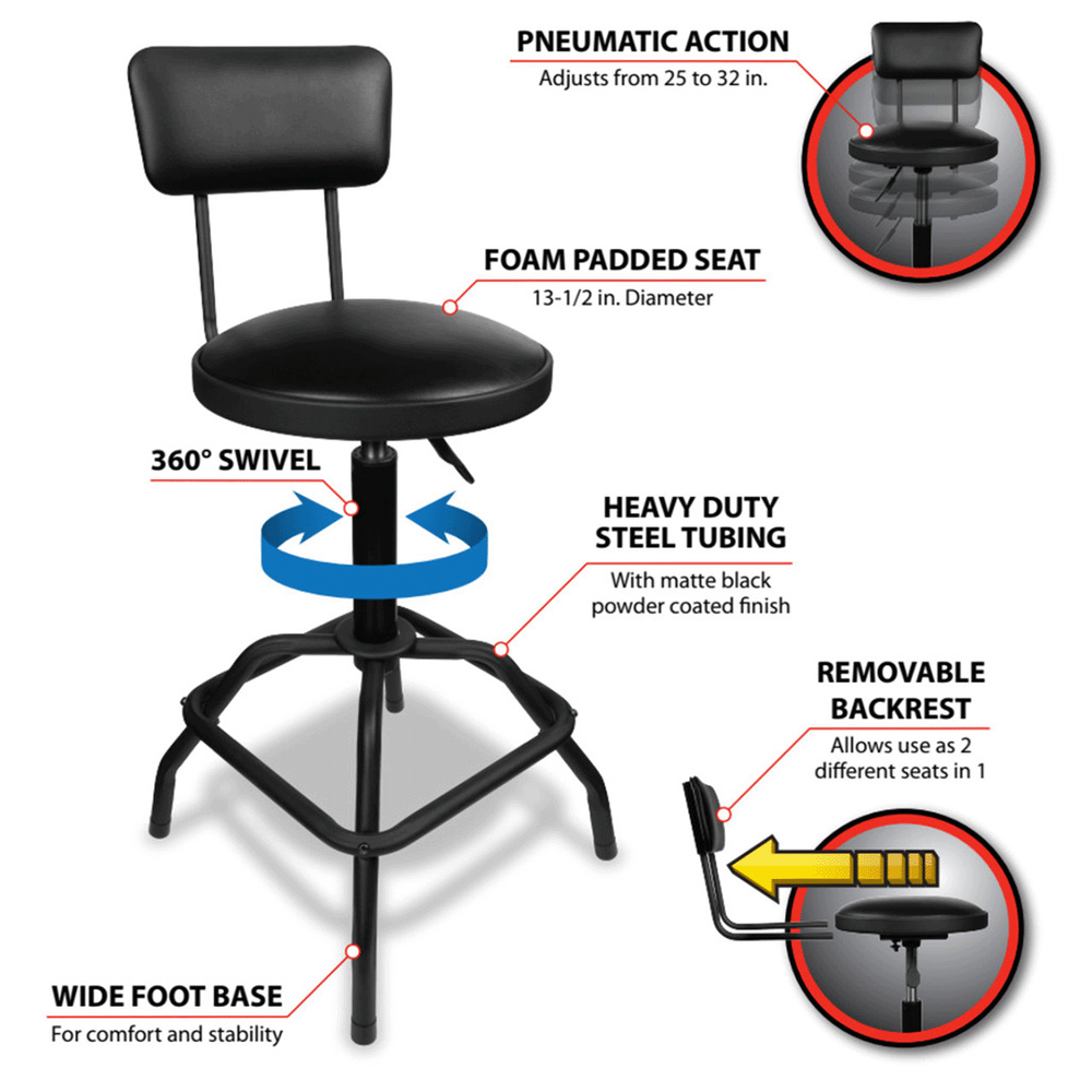 Comfortable Adjustable Performance Tool Pneumatic Swivel Shop Garage Stool Black