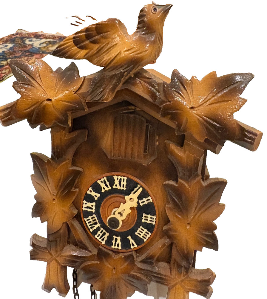 German Black Forest 7 1/2" Cuckoo Clock with Leaves & Bird-Excellent