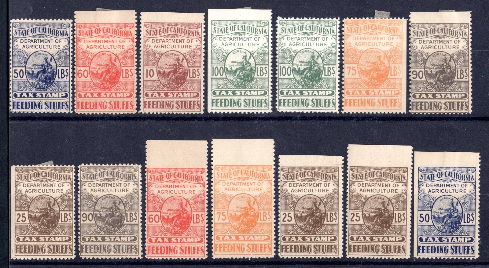 US 1900-1930 COLLECTION OF 87 CALIFORNIA DEPT. OF AGRICULTURE REVENUE TAX STAMPS