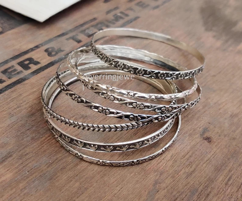 Handmade Sterling Silver Bangle Set: Stackable Designer Woman Gift Bangles Si88