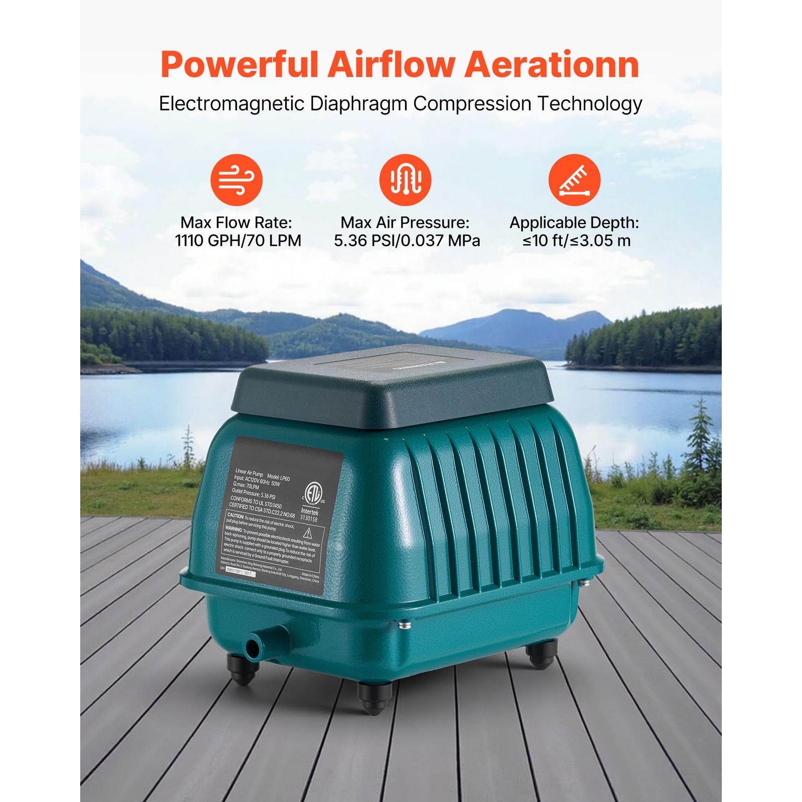 Uimoso Linear Air Pump for Septic Systems & Deep Pond Aeration 1110 GPH Capacity