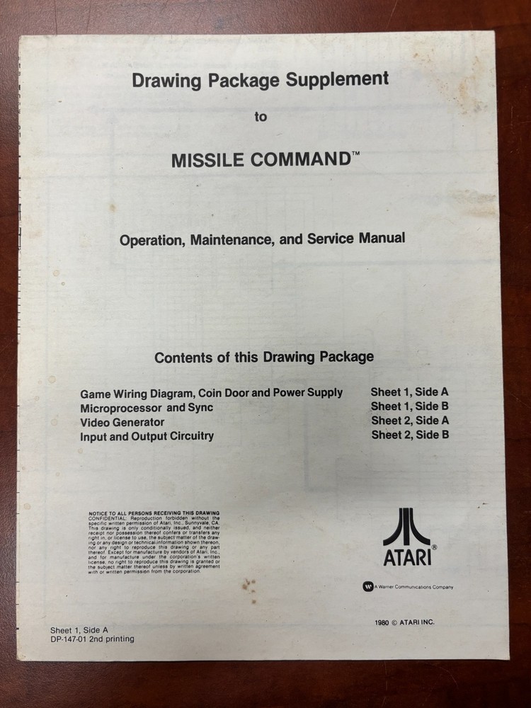 ORIGINAL-ATARI-MISSILE COMMAND-OPERATION, MAINTENANCE & SVC MANUAL-DRAWING SUPP