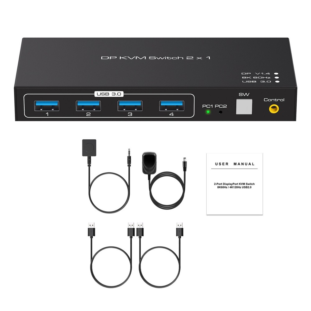 DC12V1A DP KVM USB Switch 2x1 Adapter Replacement For 2 Computers 1 Monitors