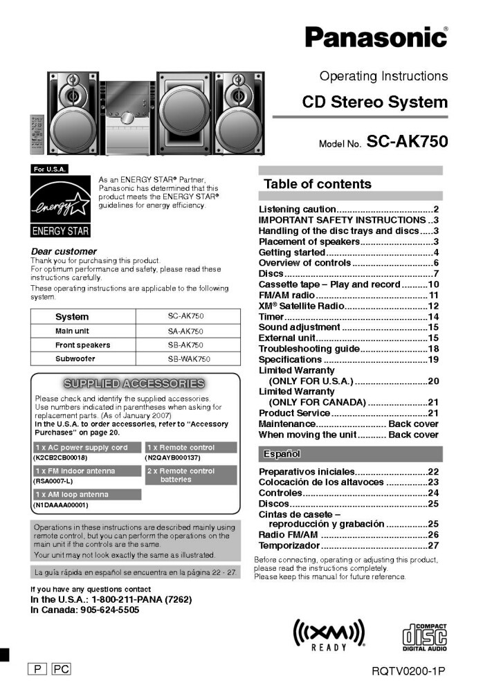 Panasonic SC-AK750 CD Stereo System Owners Instruction Manual