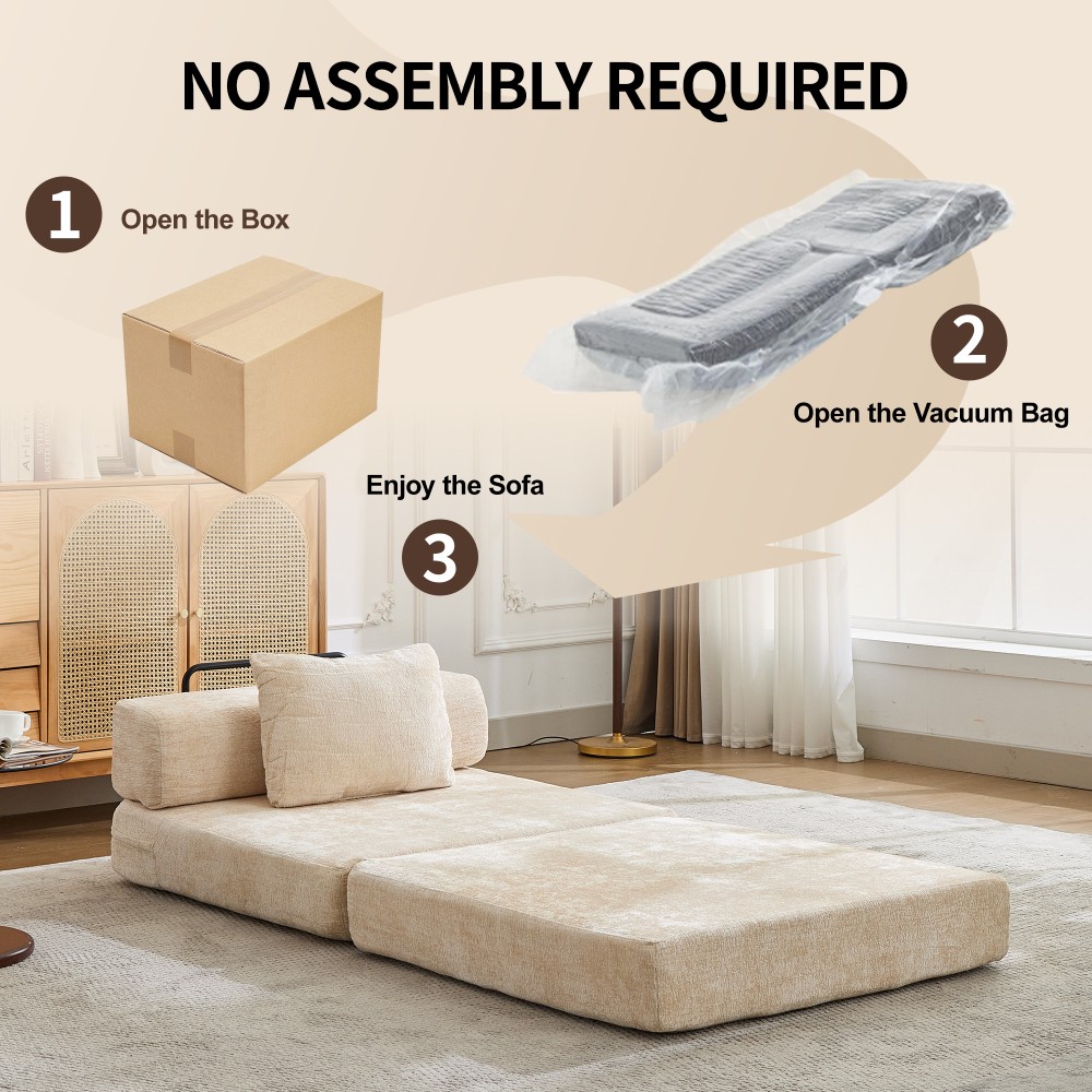 Convertible Folding Sofa Bed, Chenille Fabric Single Seat Sleeper, Beige