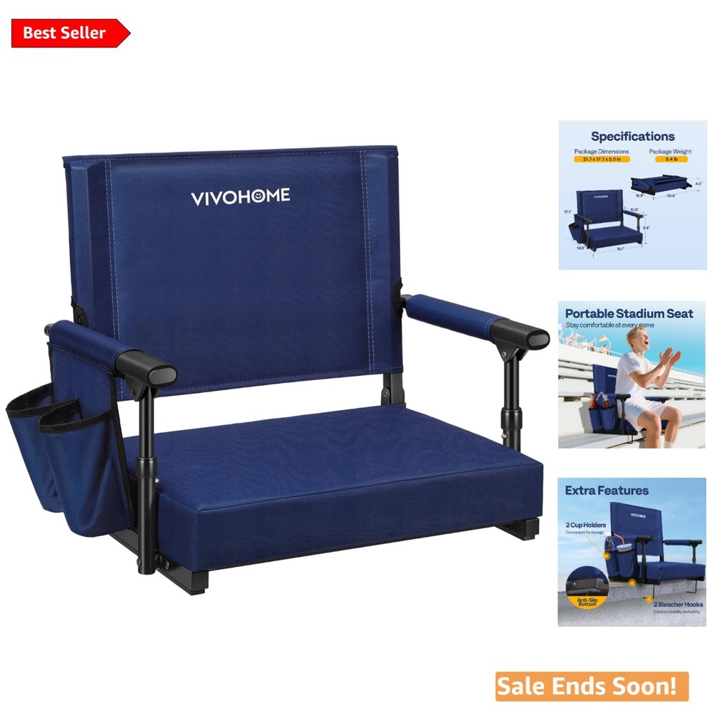 Comfortable Navy Blue Bleacher Chair with Adjustable Shoulder Strap & Cup Holder