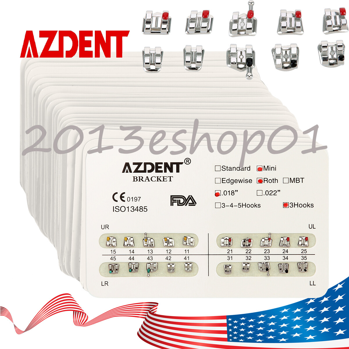AZDENT Dental Ortho Metal Brackets Mini/Standard Roth/MBT 018/022 Hooks 3/3 4 5