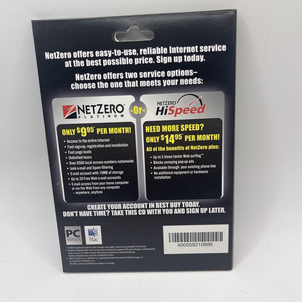 Netzero Net Zero Internet Disc Sealed VTG promotional