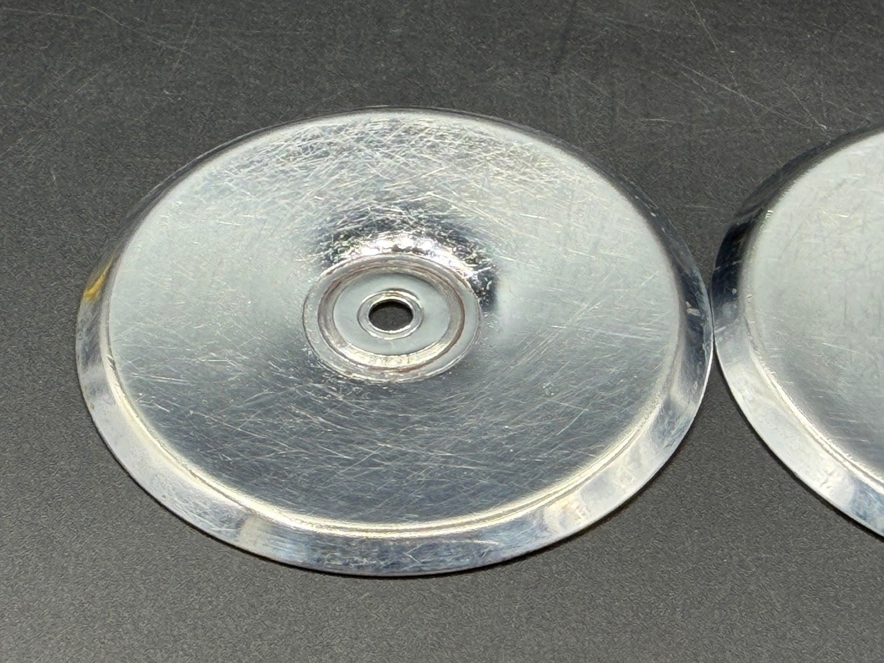 3 Vintage Chrome Concave Round Pull Knobs w/ Matching Backplates & Screws.