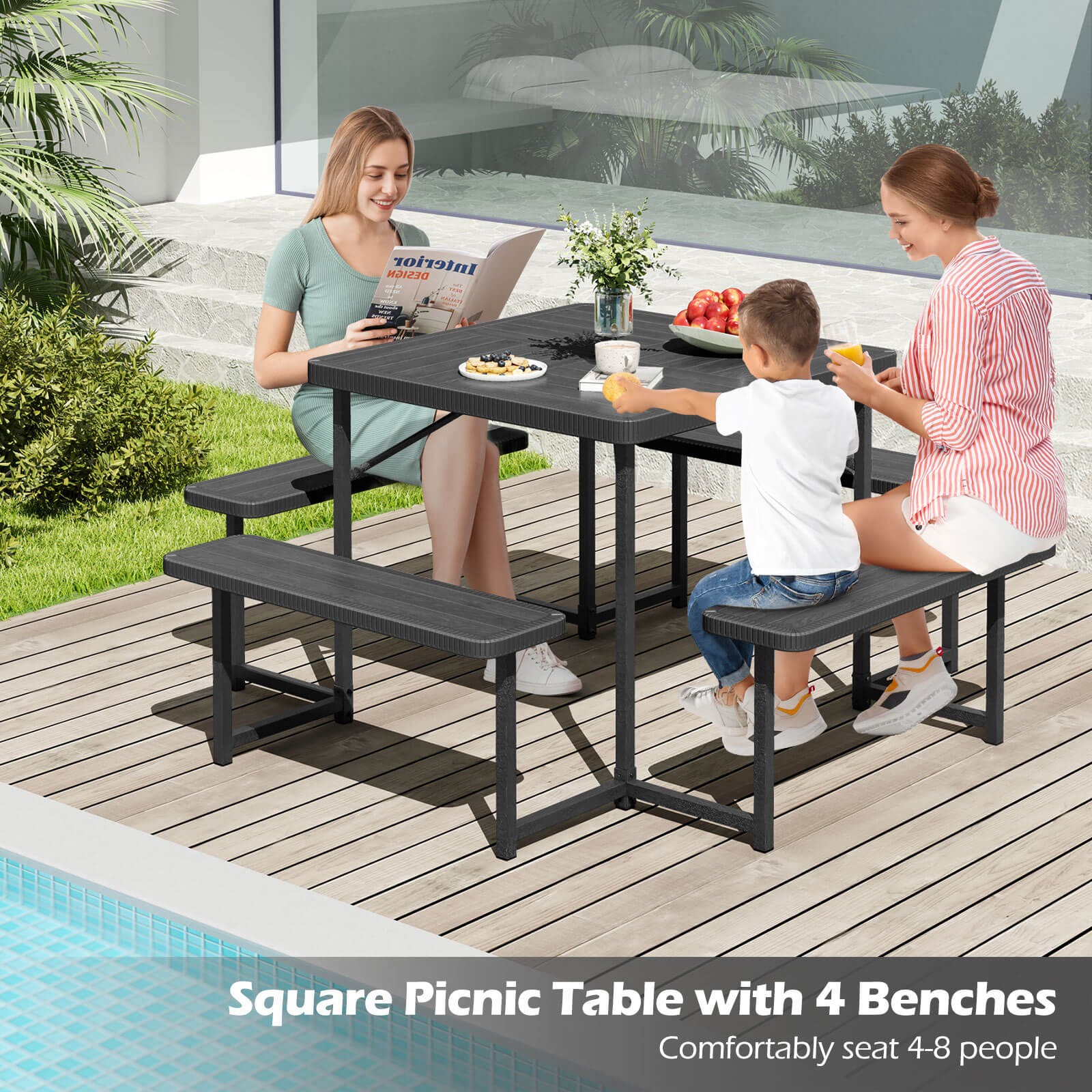 Picnic Table Bench Set for 4-8 People w/ Umbrella Hole All-Weather HDPE Tabletop