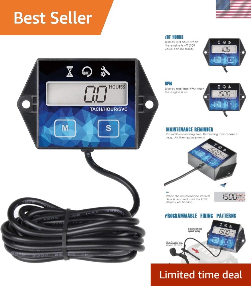 Digital Engine Hour Meter & Tachometer - Maintenance Reminder, Waterproof Design