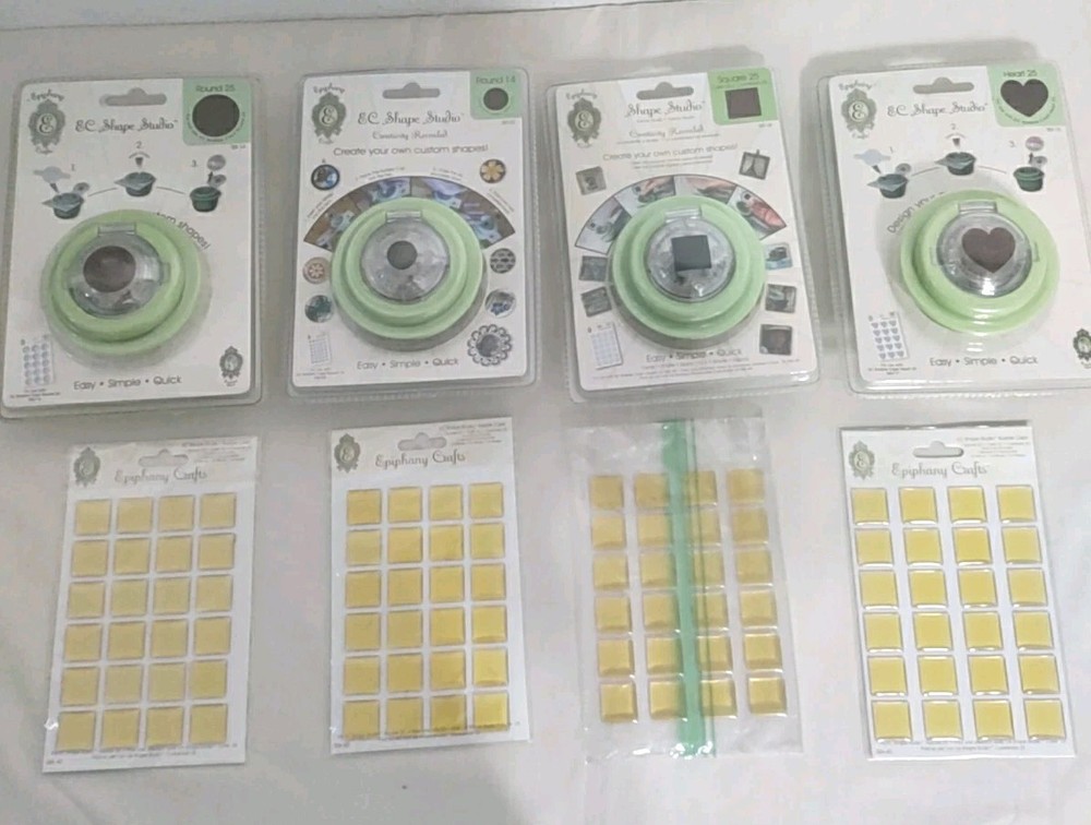 4 Epiphany EC Shape Studio Button Tool Punch Lot Square, Round 14 & 25, Heart +