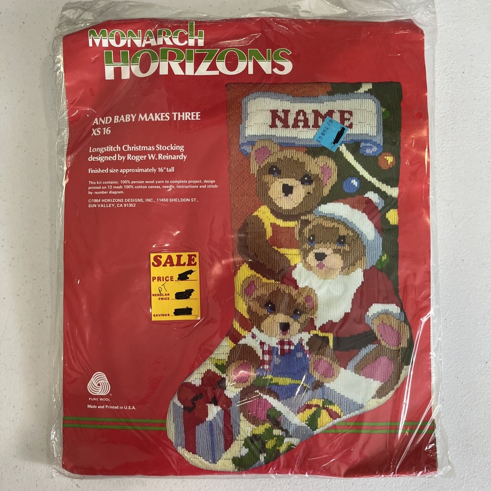 Monarch Horizons Santa Teddy Bear Baby Makes Three Long Needlepoint Stocking Kit