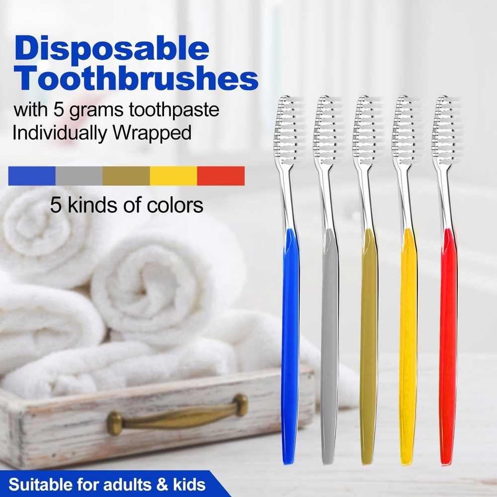 Disposable Toothbrushes with Toothpaste 200pcs (5 Colors) 200