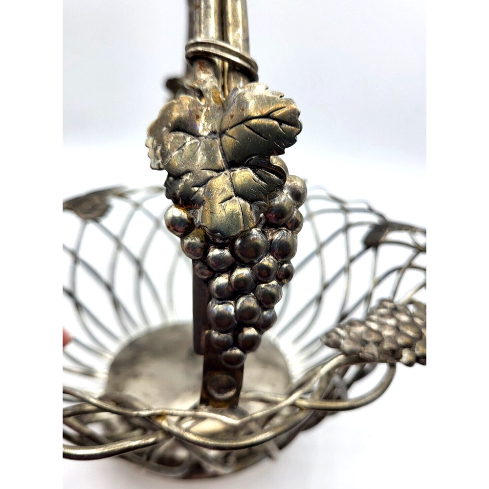 Vintage Godinger Silverplate Fruit Basket Swing Handle Wire Grapes Leaves 12"