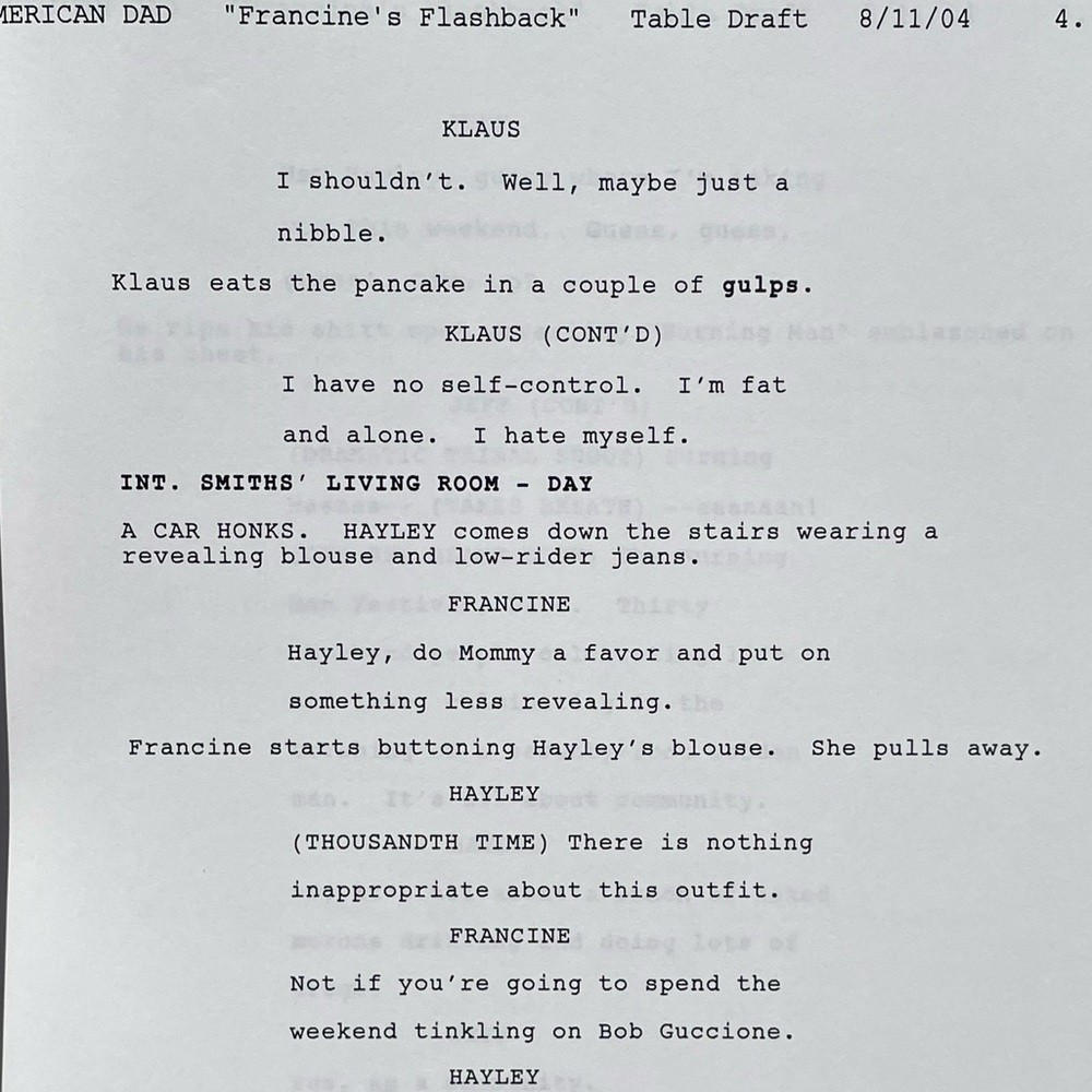 SEASON ONE American Dad Original 2004 Production Used Table Draft Script 4th Ep!