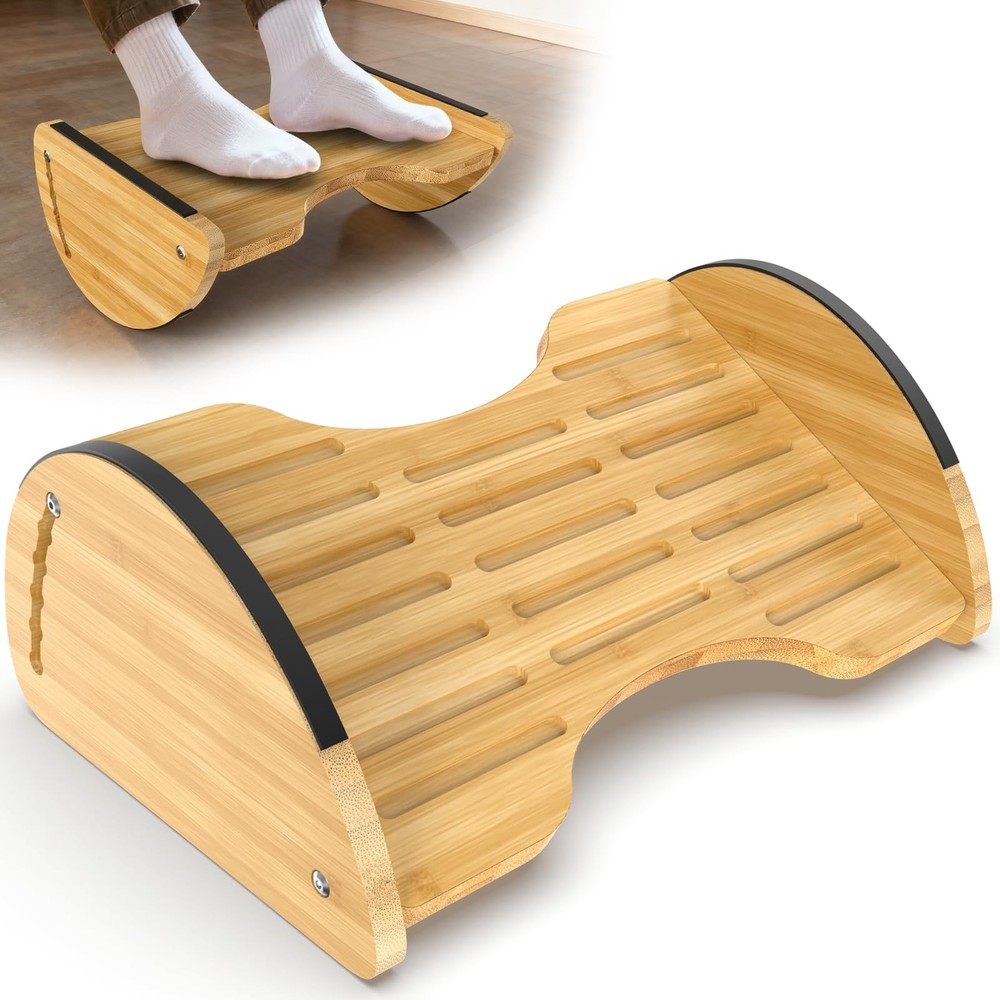 Bamboo Foot Rest for Under Desk - Reversible, Rocking, 6-Height Adjustable