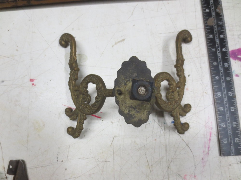 Large Antique Solid Bronze Double Coat Hook - Ornate Floral Design