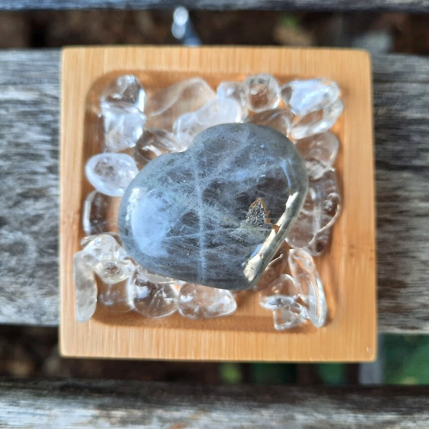 Labradorite Heart w/ Clear Quartz Set, Orange Flash, Transformation