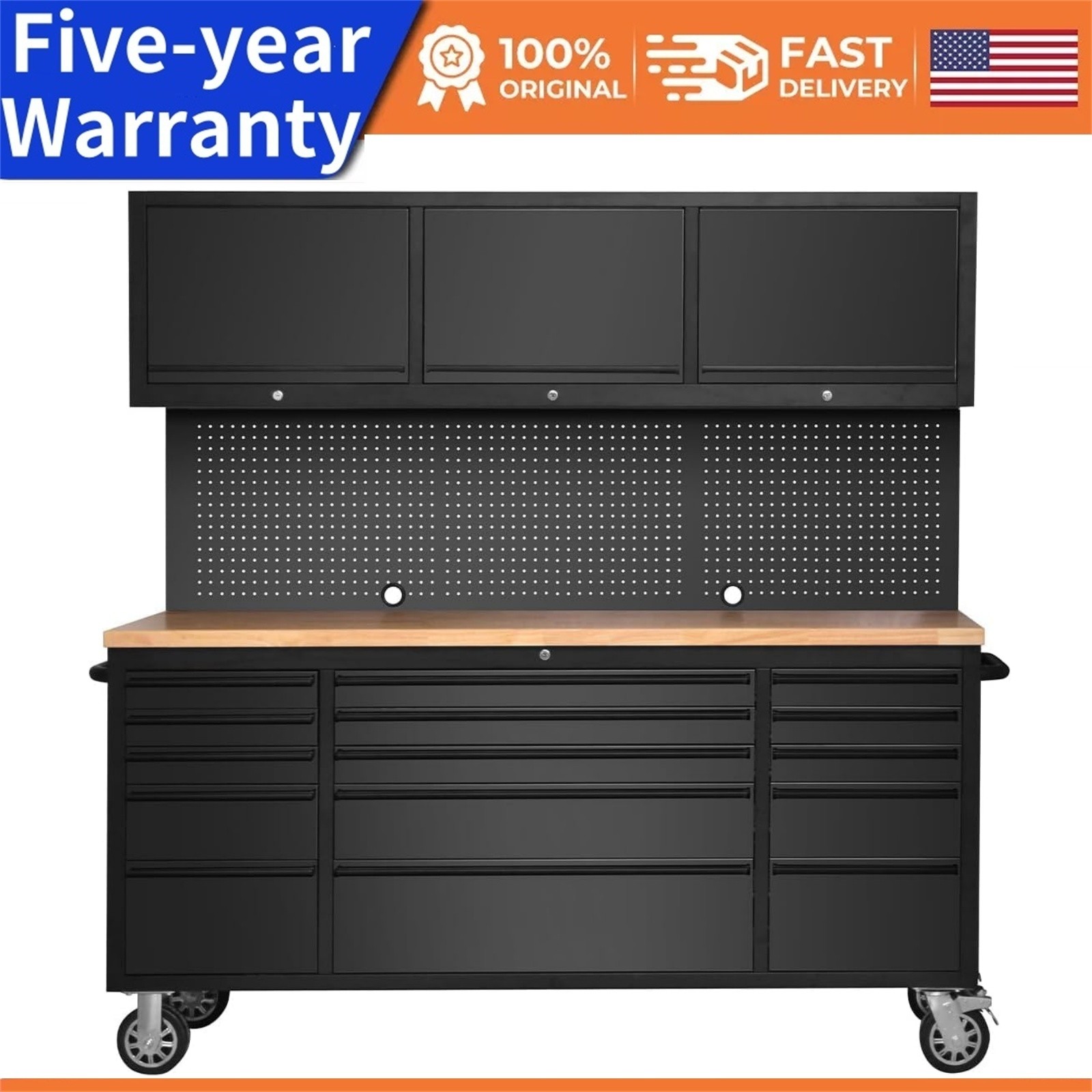 72-inch Heavy Duty Tool Chest Cabinet with 15 Drawers and 3 Upper Cabinets