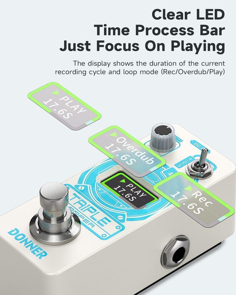 Donner Triple Looper Guitar Effect Pedal 90 mins Looping Time with Screen 3 Loop