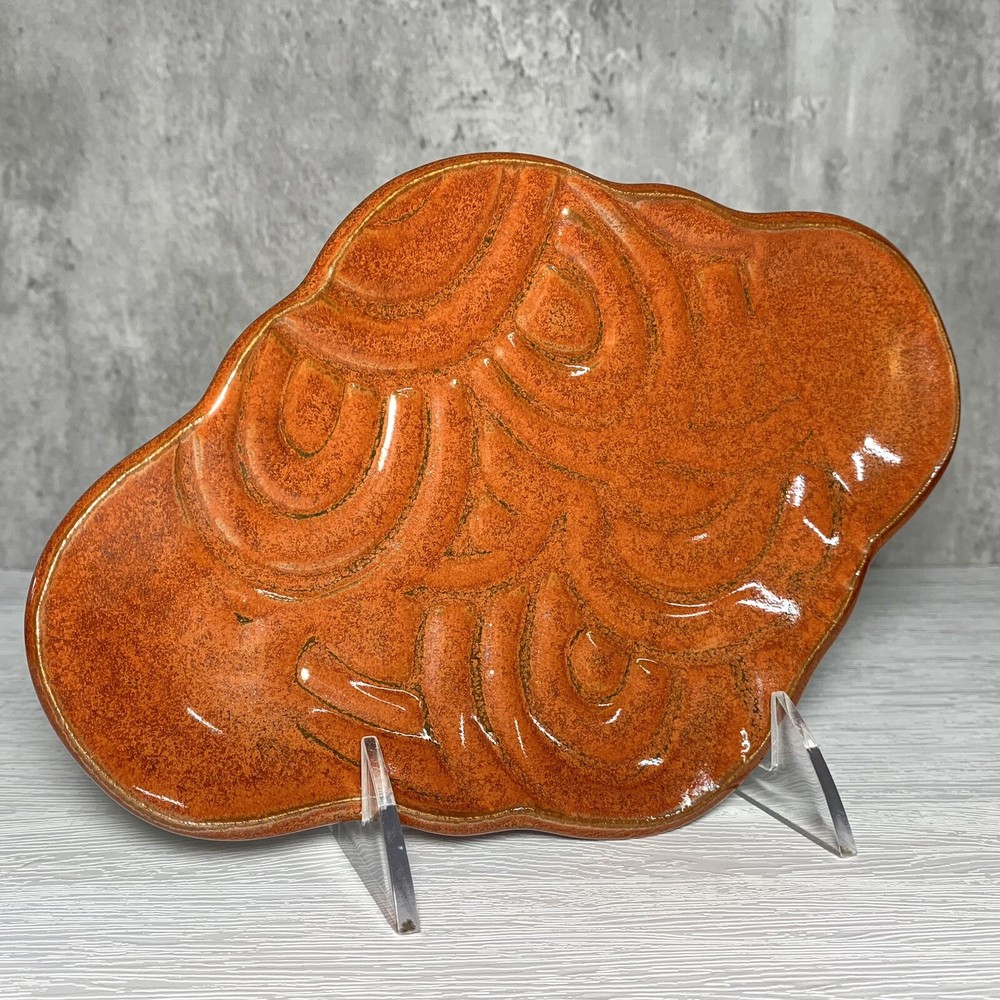 Studio Art Pottery Rusty Orange Embossed Arabesque Patterned 9 x 6" Tray