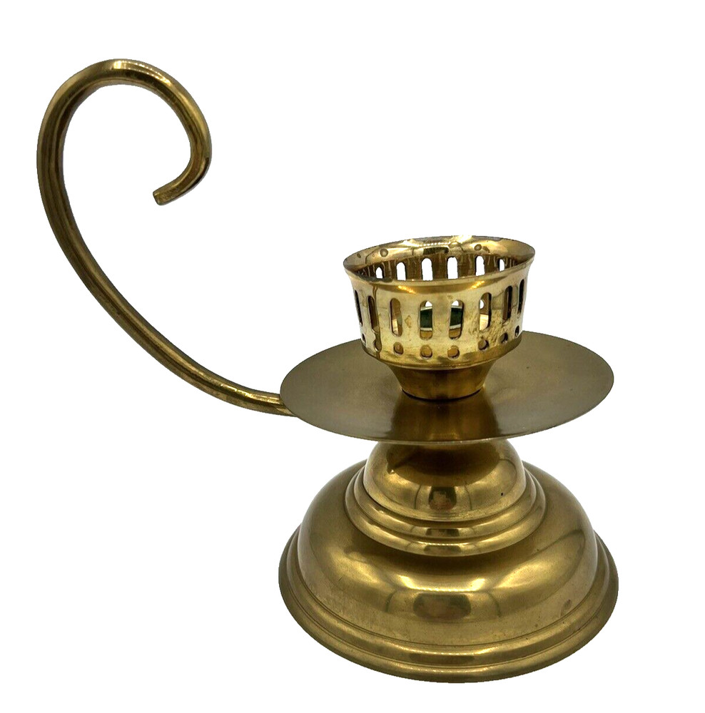 Chamber Candlestick Holder with Scroll Swirl Handle Large Solid Brass India GUC