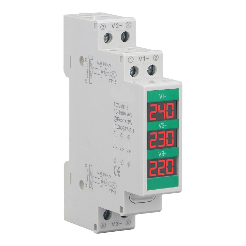 3-Phase AC Voltmeter Din Rail Mount Digital Voltage Meter Electric Power Meter