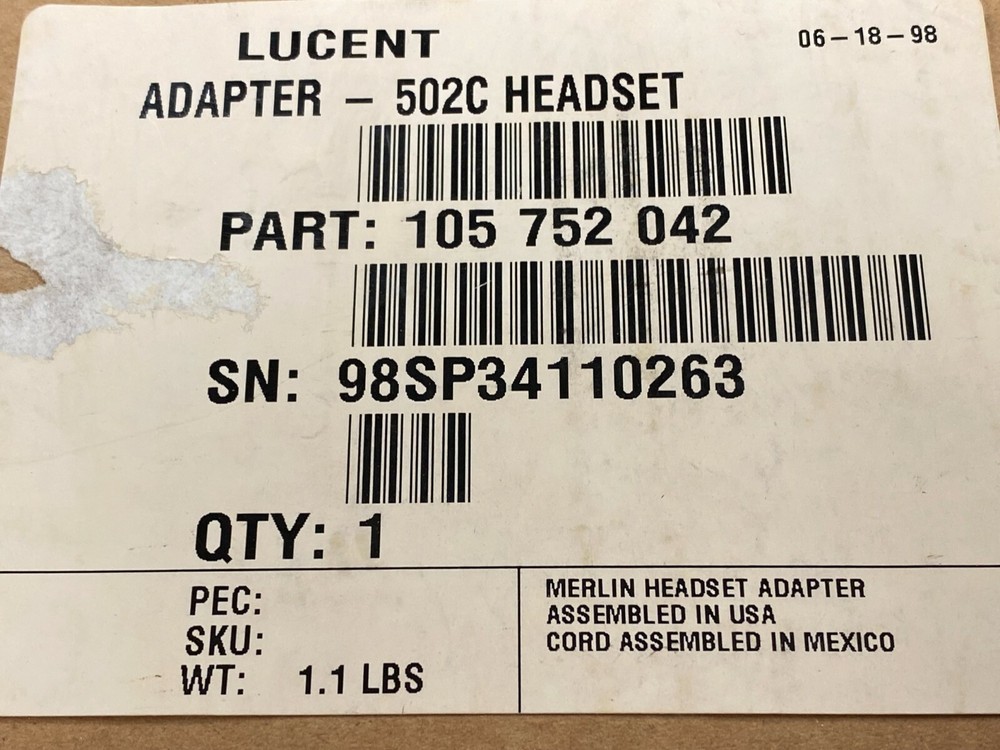 😉 NEW LUCENT TECHNOLOGIES 502C HEADSET ADAPTER 105 752 042