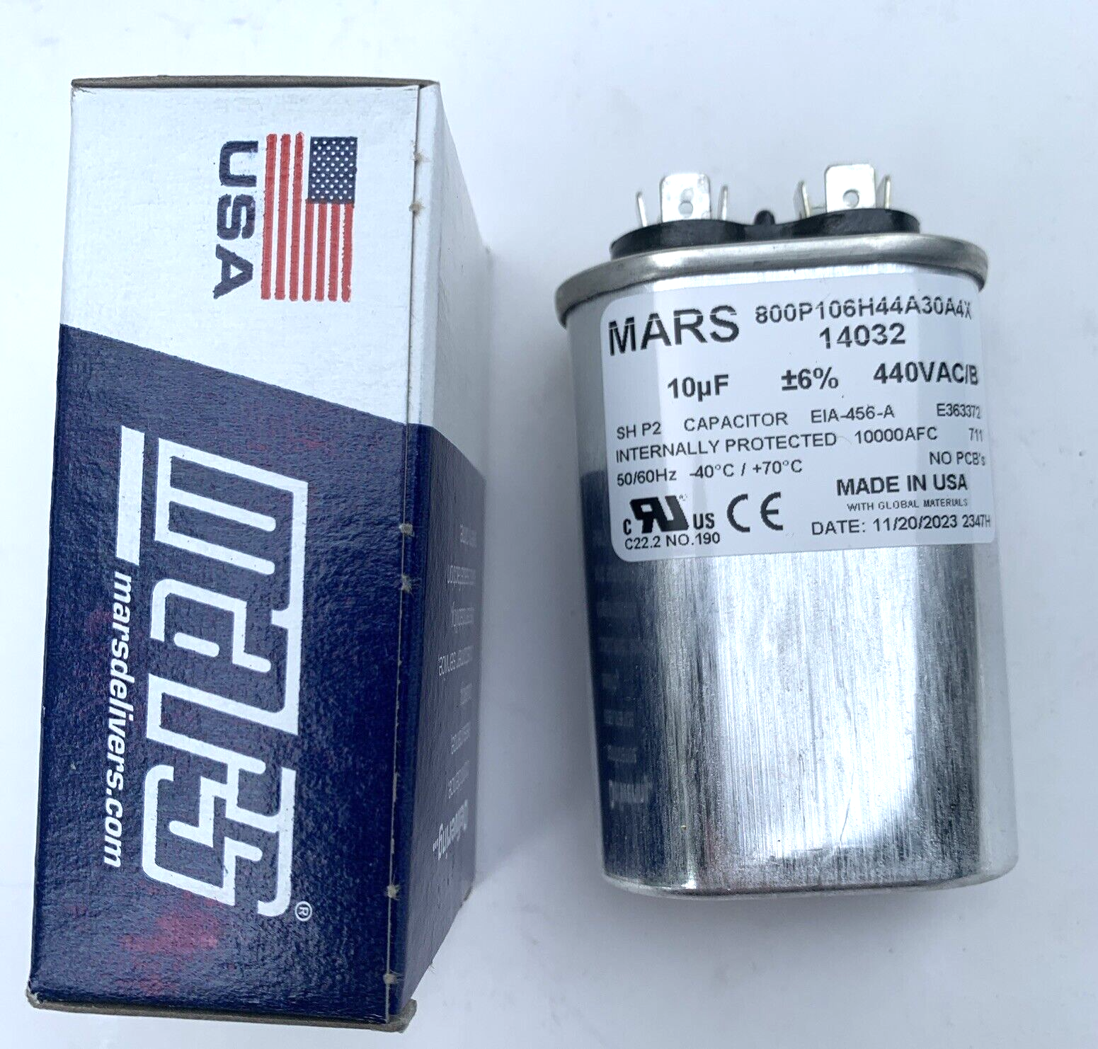 Mars 14032 Oval Motor Run Capacitor 10 MFD 440/370V, Made in USA