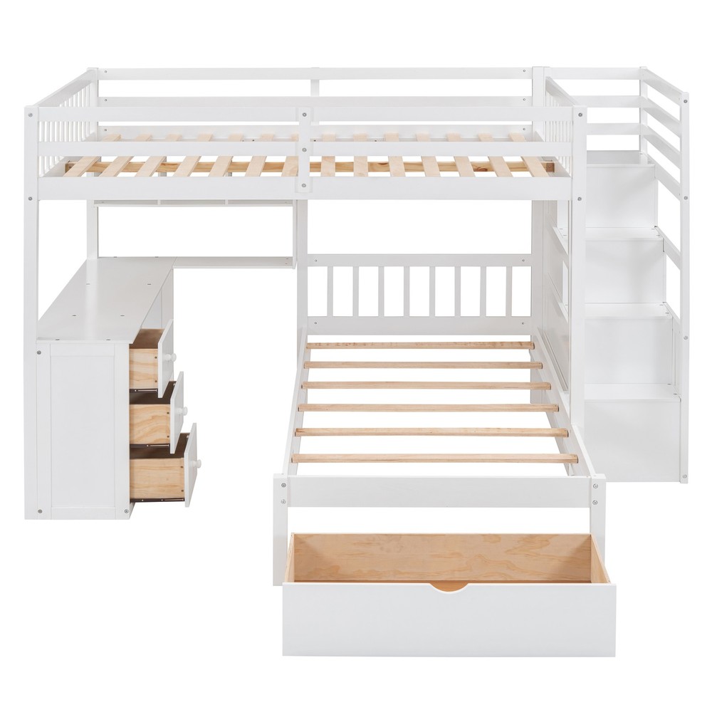Twin Bunk Bed with Desk, Drawers & Bookcase, White Solid Wood Storage