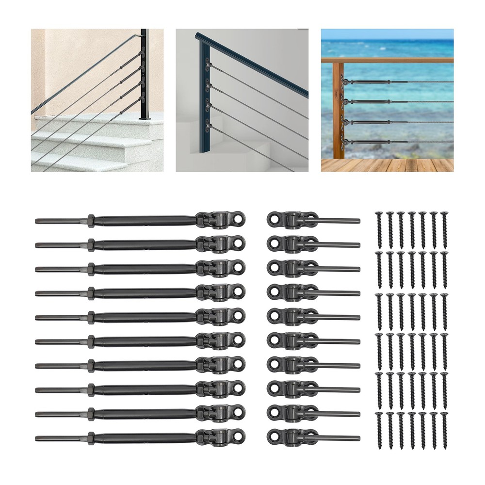10 Pair 1/8" Black Cable Railing Hardware Kit Adjustable Angle Stainless Steel