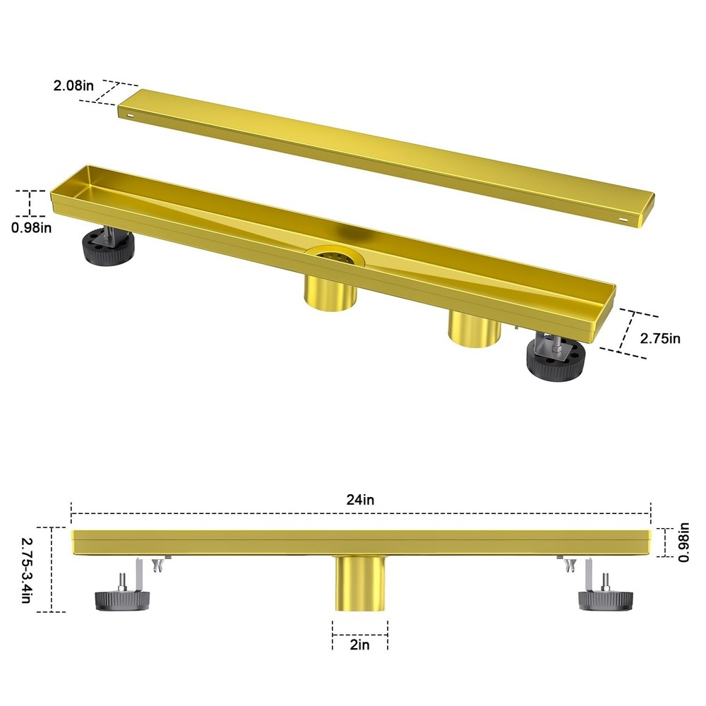 24 Inch Linear Shower Drain Brushed Gold, Stainless Steel Rectangle Tile Insert