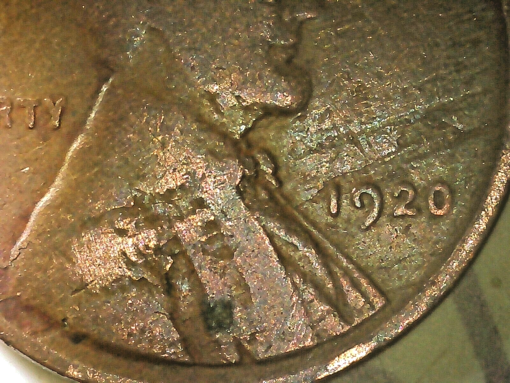1920-P WHEAT CENT, OBVERSE LAMINATION ERROR, BROWN, GOOD CONDITION, CIRCULATED