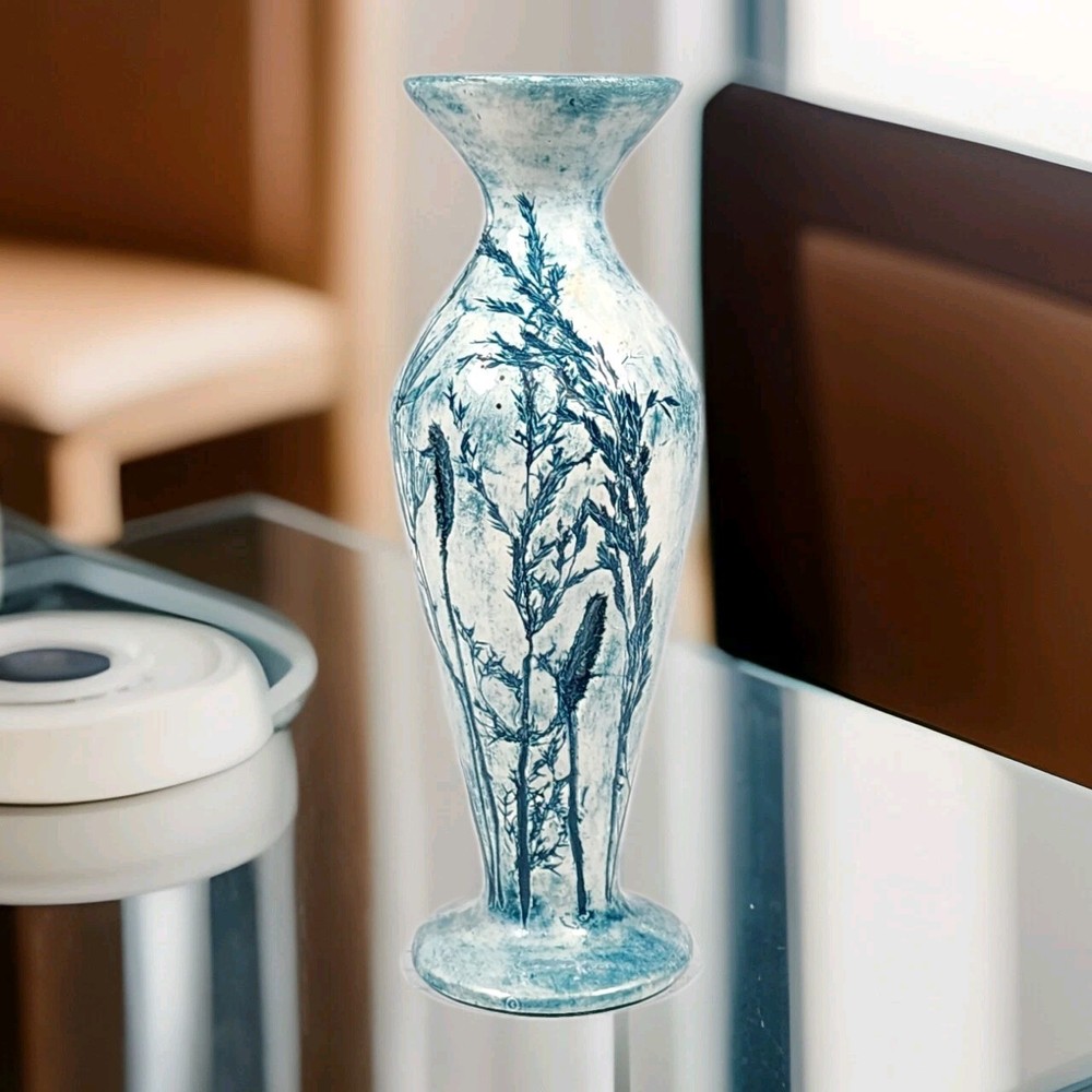 Kathy Devlin Bud Vase 5in Blue Pressed Leaf Clay Colorado