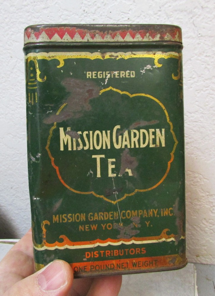 Vintage Mission Garden empty tea tin, Java Ceylon India wrong lid, kitchen decor