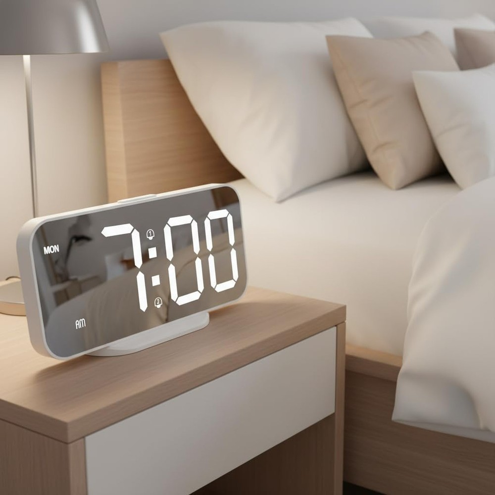 Digital Alarm Clock for Bedroom, Mirror LED Display Bedside Clock with Adjust...