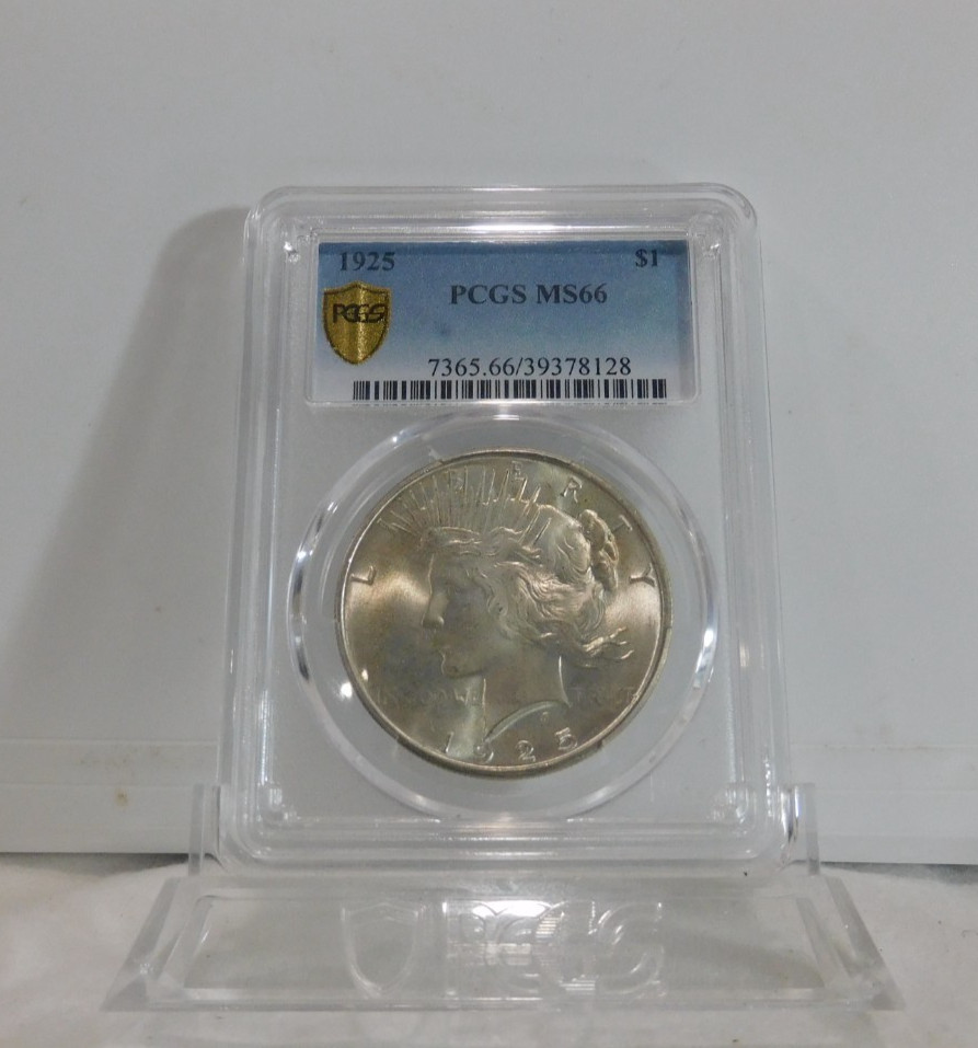 GOLD SHIELD!  1925-P  Peace Silver Dollar, PCGS MS-66!