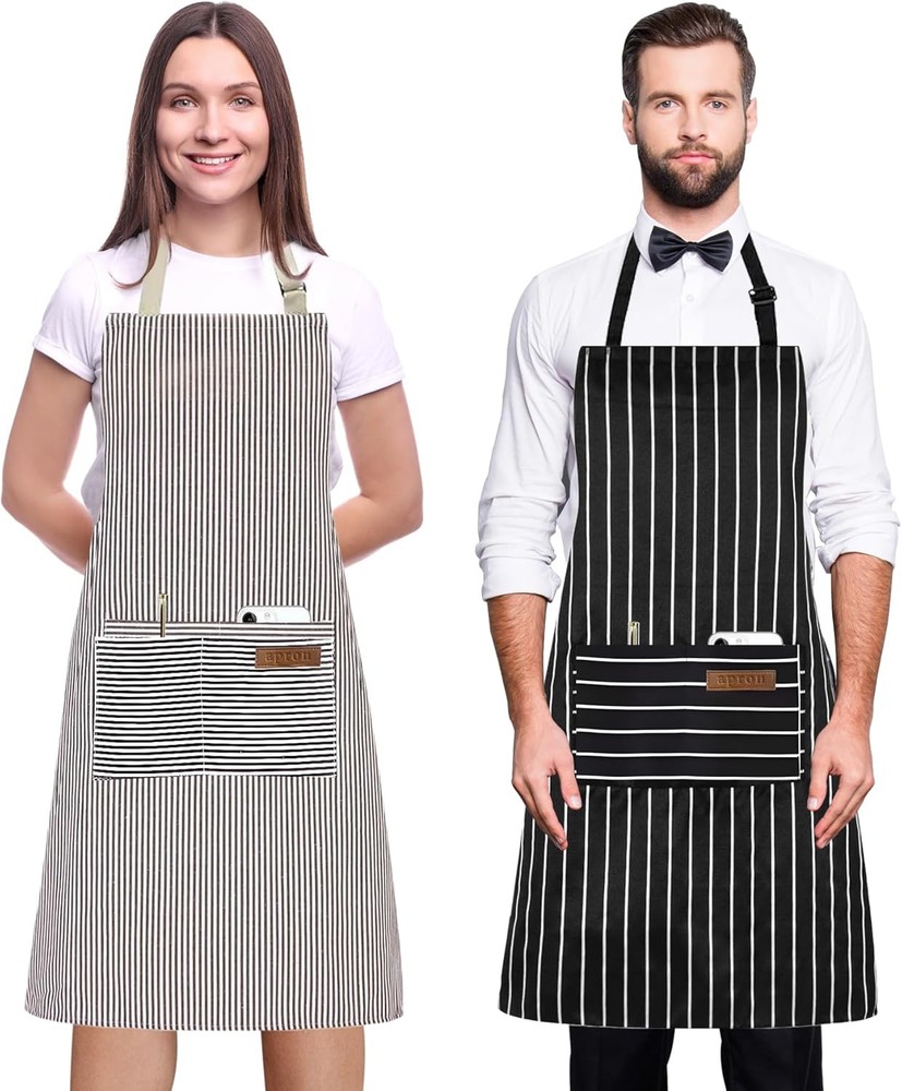 2 Pack Apron, Cooking Kitchen Aprons, Adjustable Black/Brown Thick Stripes