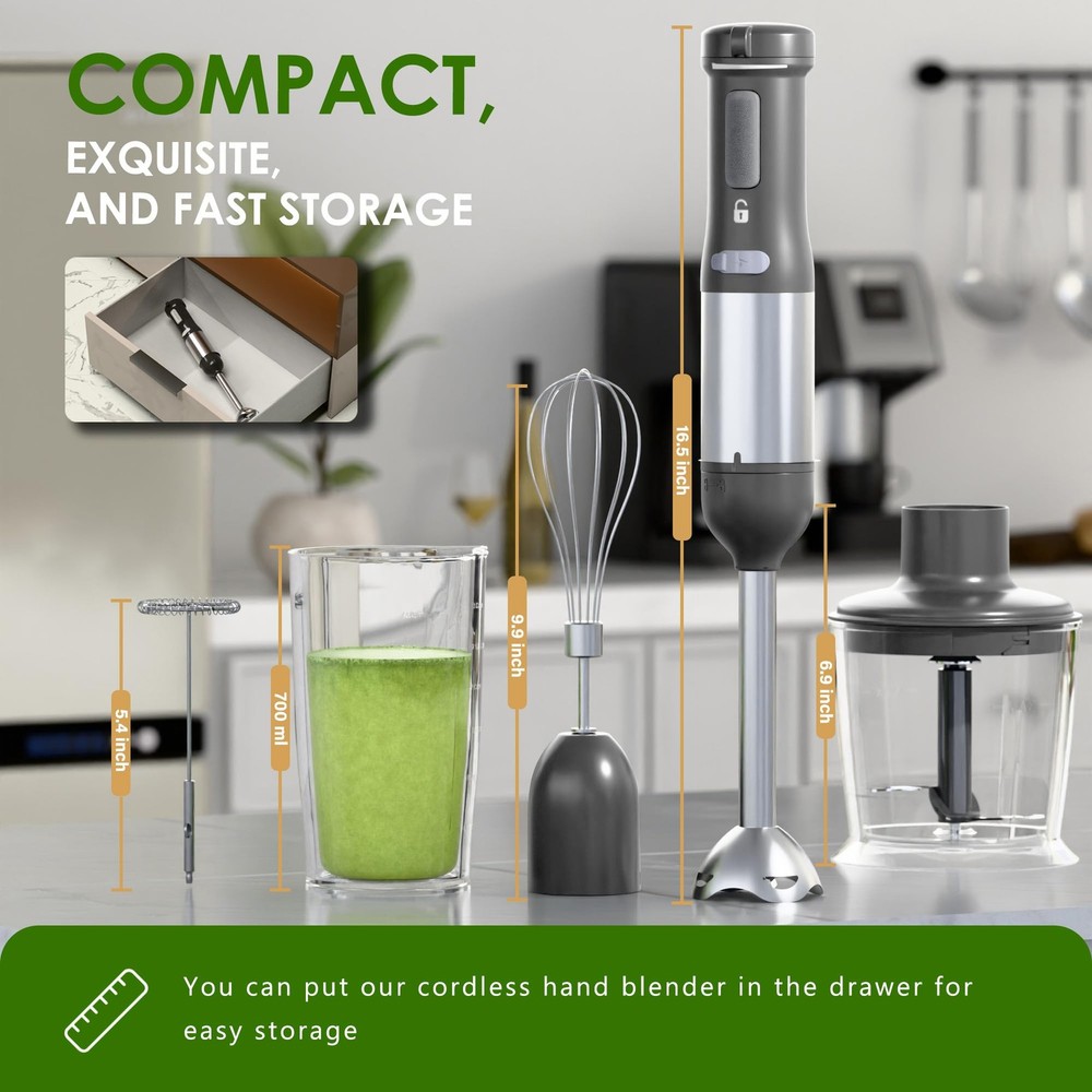 Cordless Immersion Hand Blender, 5-in-1 Variable Speed blender handheld,Recha...
