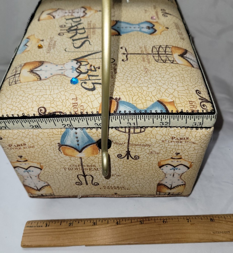 Sewing Basket Box Paris Theme Pattern Tray Handle Pin Cushion Pockets Quilted