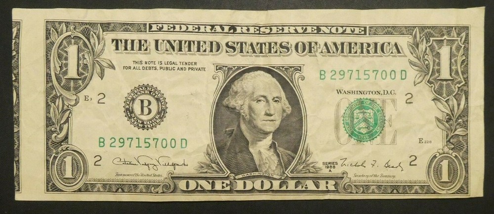 1988 $1 Federal reserve Note ERROR MISALIGNED MAJOR SHIFT