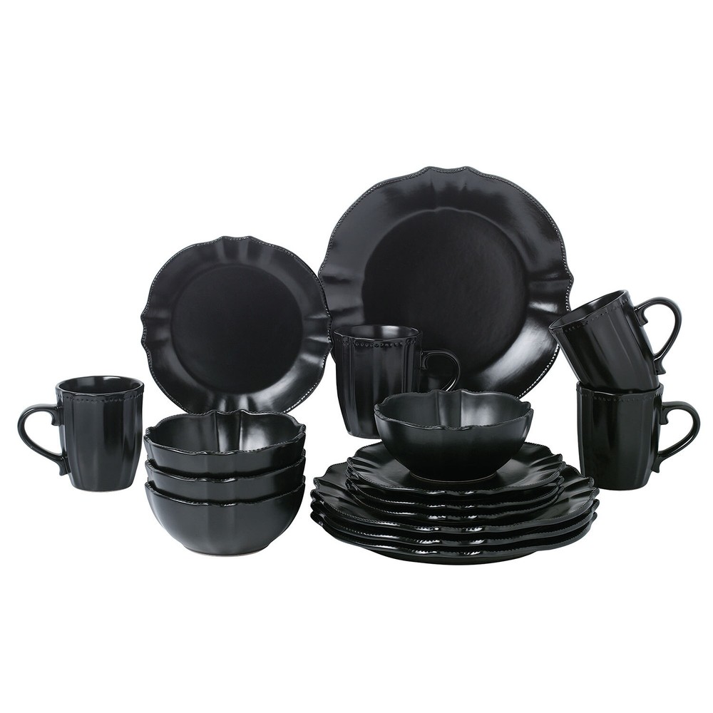Stylish and Elegant 16 Piece Scalloped Edge Dinnerware set  - Black
