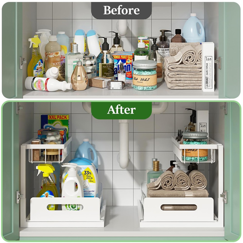 REALINN Under Sink Organizer, Pull Out Cabinet Organizer 2 Tier 2 Pack, White